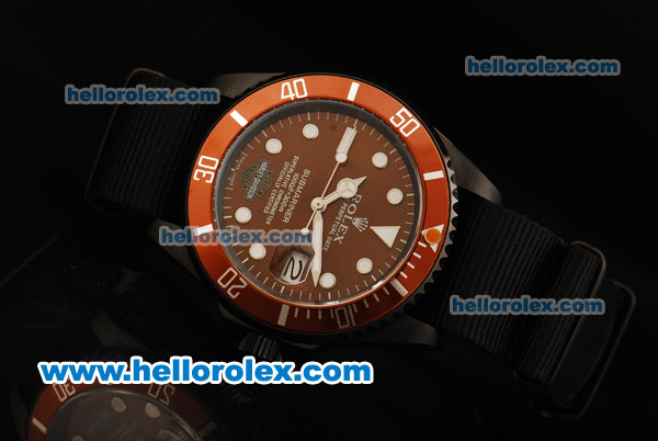 Rolex Submariner Automatic Movement PVD Case with Brown Dial Orange Bezel and Black Nylon Strap - Click Image to Close